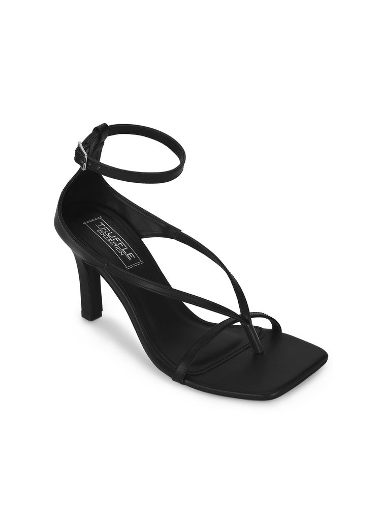 Truffle Collection Black Pu Pointed Heel Strappy Stilettos