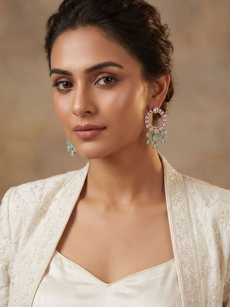 Niscka Rose Gold Plated White and Mint Green American Diamond Earrings-image-17