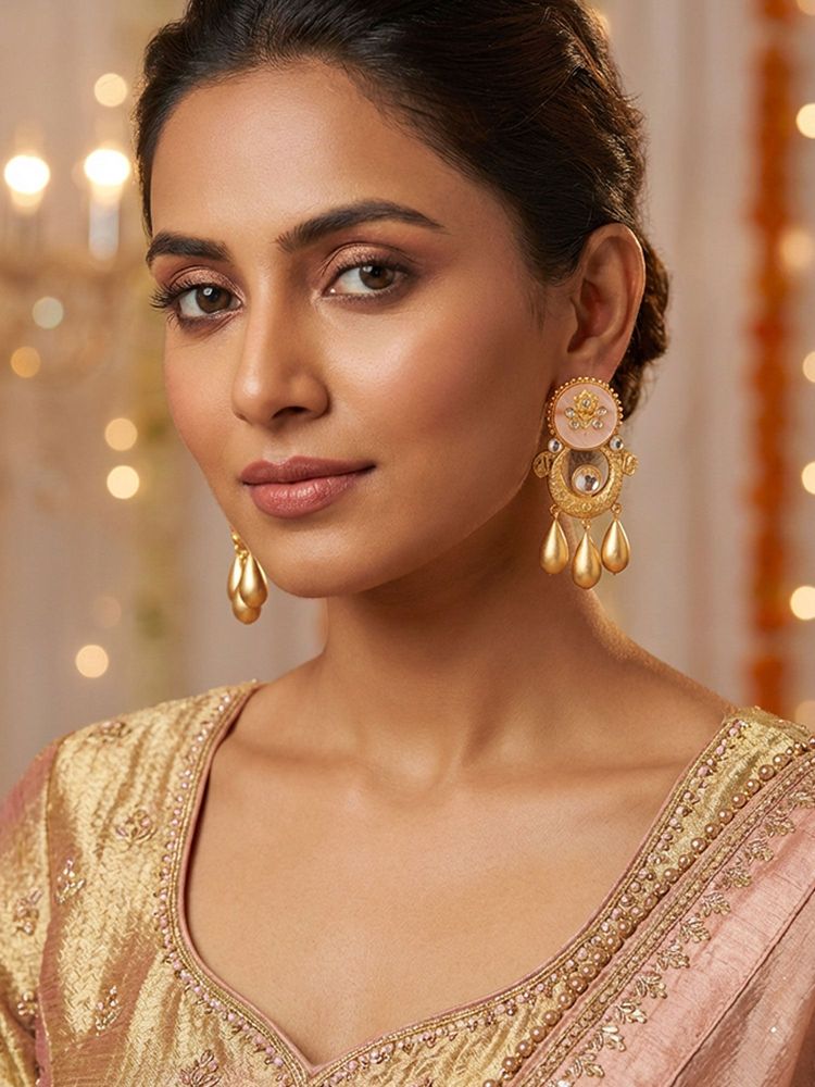 Niscka 24K Matte Gold Plated Orange and White Chandbali Earrings with Kundan-image-44