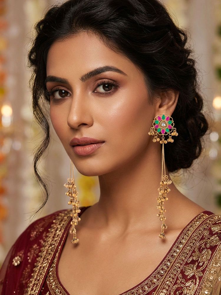 Niscka Matte Gold Plated Long Kashmiri Floral Earrings-image-24