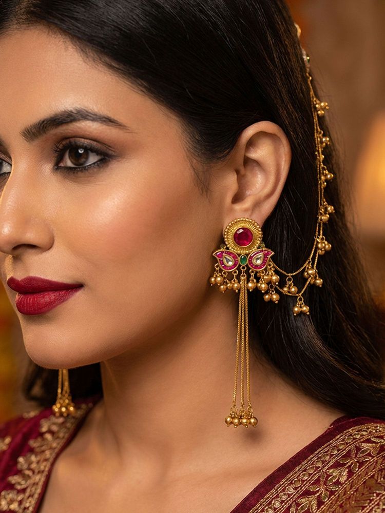 Niscka Matte Gold Plated Kundan and Ruby Kashmiri Earrings with Ear Chain-image-22