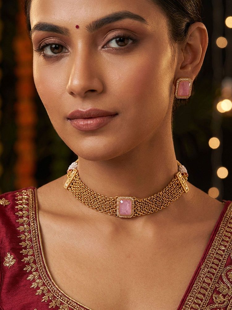 Niscka Matte Gold Plated Choker Necklace with Earrings-image-23