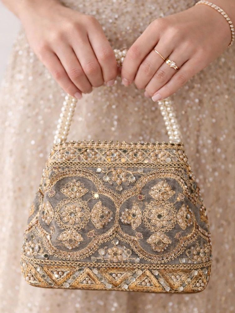 SUGARFRILL Floral Embroidered Mirror Work Pearl Handle Potli Bag-image-10