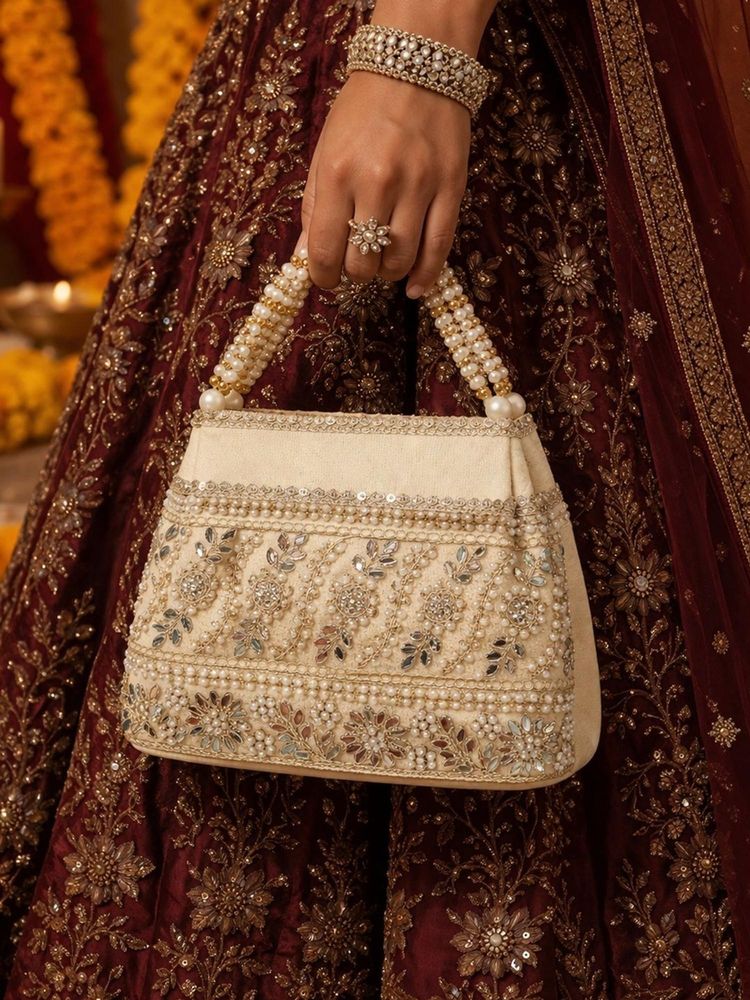 SUGARFRILL Elegant Beige Floral Embroidered Pearl Handle Ethnic Potli Bag-image-31