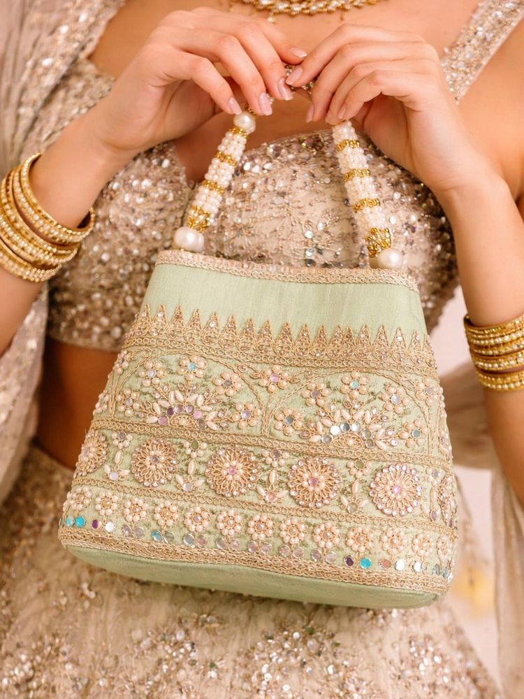 SUGARFRILL Mint Green Floral Embroidered Pearl Handle Mirror Work Potli Bag-image-10