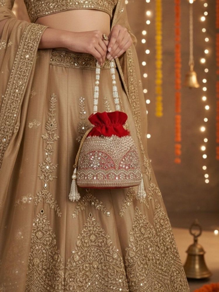 SUGARFRILL Red Velvet Pearl Floral Embroidered Bridal Potli Bag-image-9