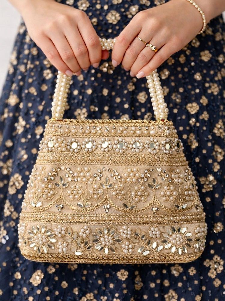SUGARFRILL Beige Pearl Mirror Work Floral Embroidered Ethnic Potli Bag-picture-19
