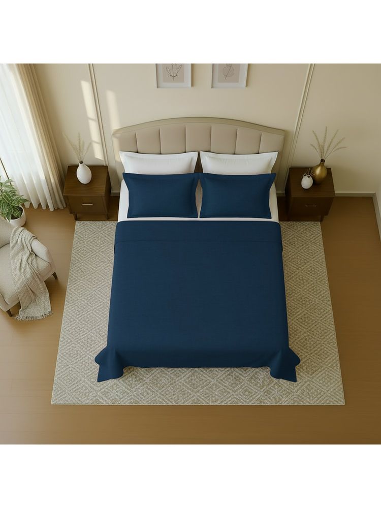 100% Cotton 144TC Queen Bedsheet with 2 pillow covers Solid Blue (Queen)-image-46