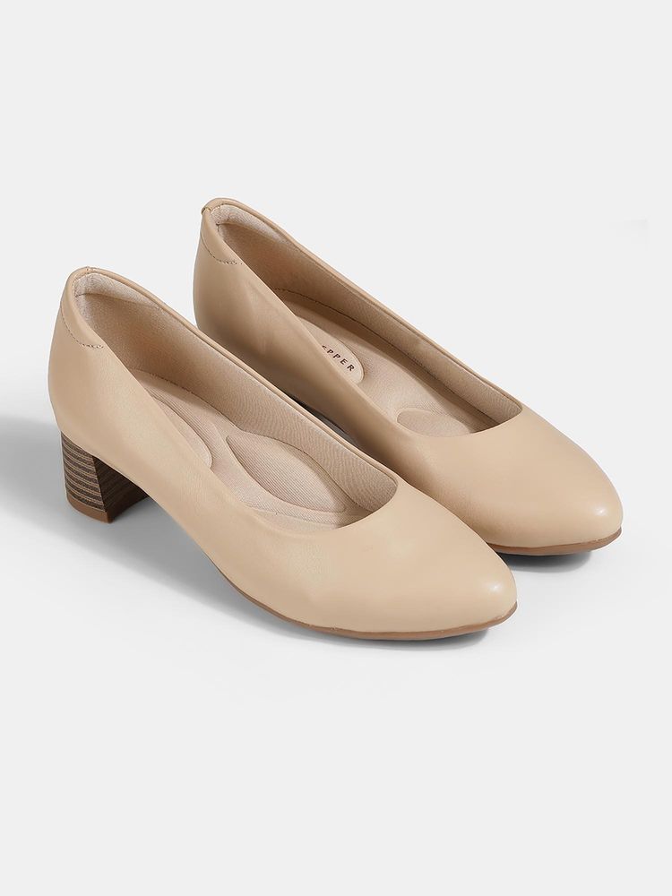 Lemon & Pepper Beige Block Pumps Heels-image-2