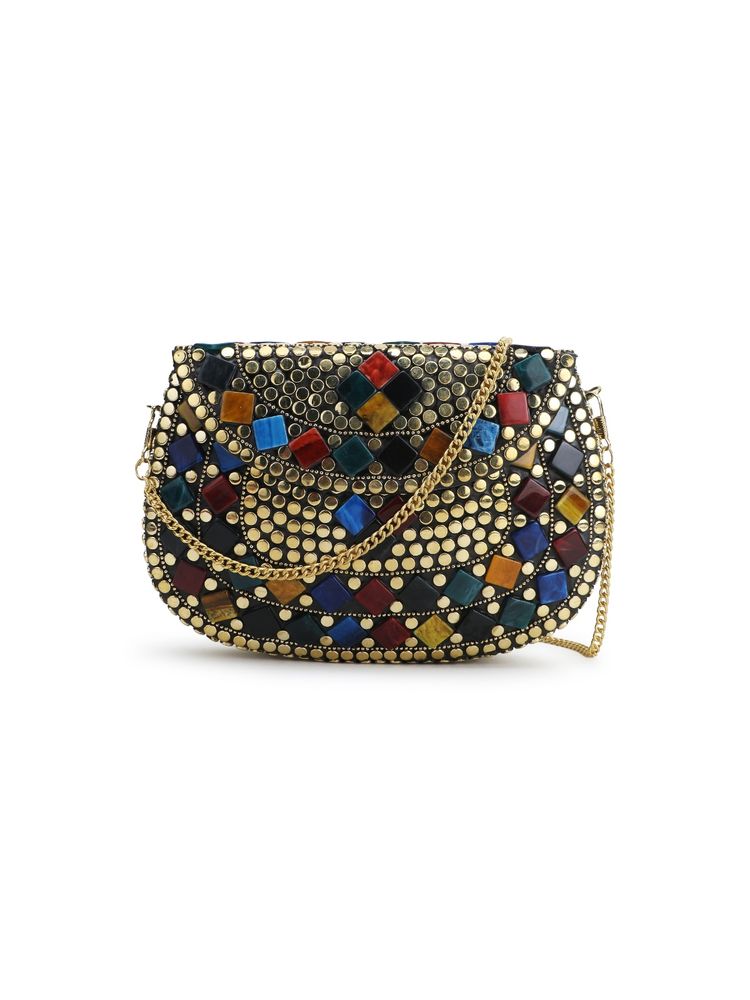 Anekaant Mosaic Gold and Multi Mosaic Embellished Metal Clutch-image-30