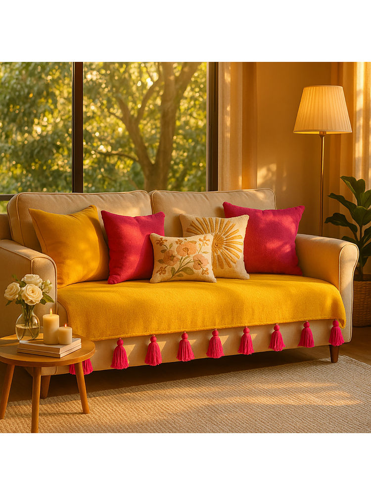 THROW PILLOW Ochre Sofa Cover With Magenta Tassels Yellow