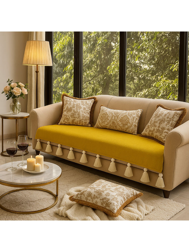 THROW PILLOW Mustard Sofa Cover With White Tassels Mustard-image-42