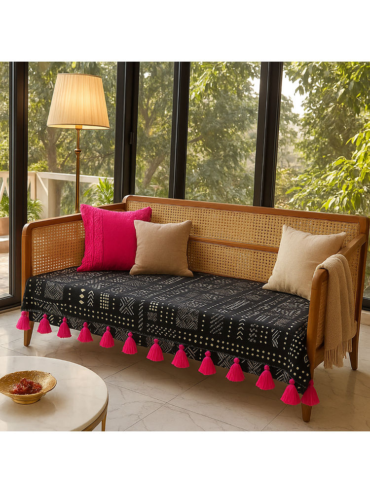 THROW PILLOW Black Tribal Printed Sofa Cover With Magenta Tassels Black-picture-40