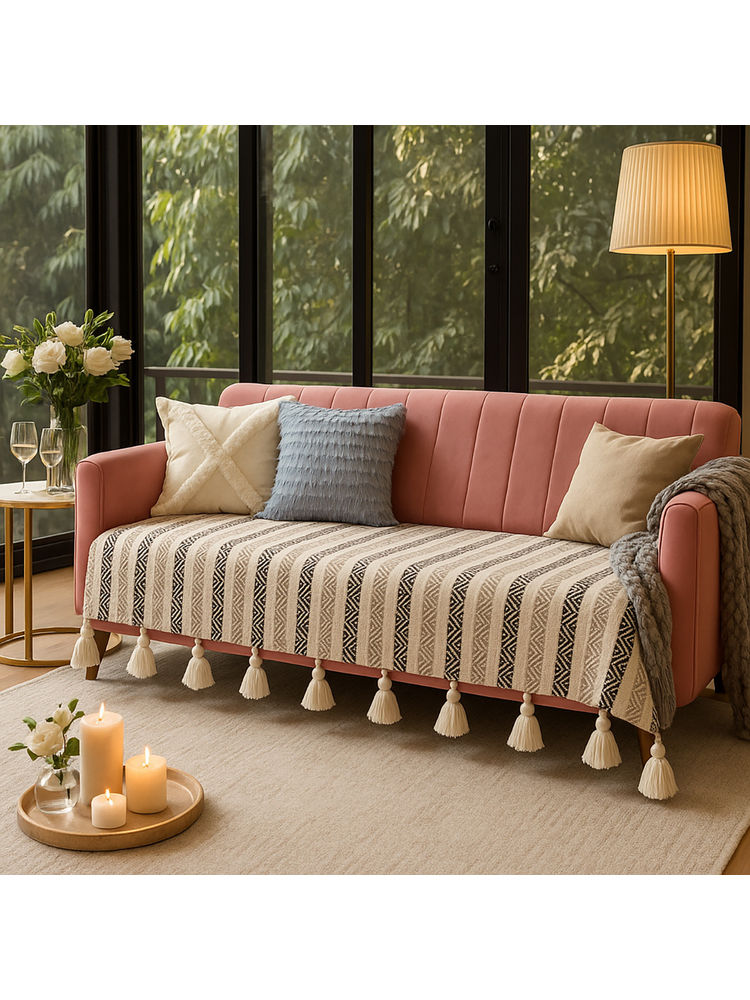 THROW PILLOW Neutral Herringbone Printed Sofa Cover With White Tassels Off White-picture-13