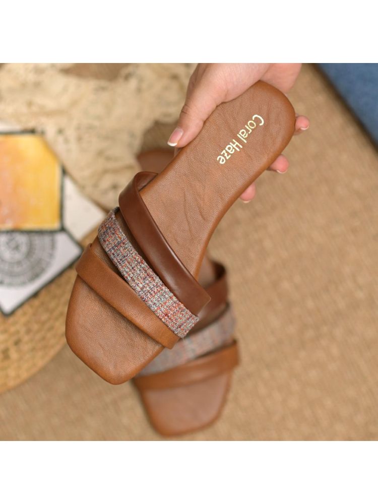 Coral Haze Tan and Brown Jacquard Strappy Flats