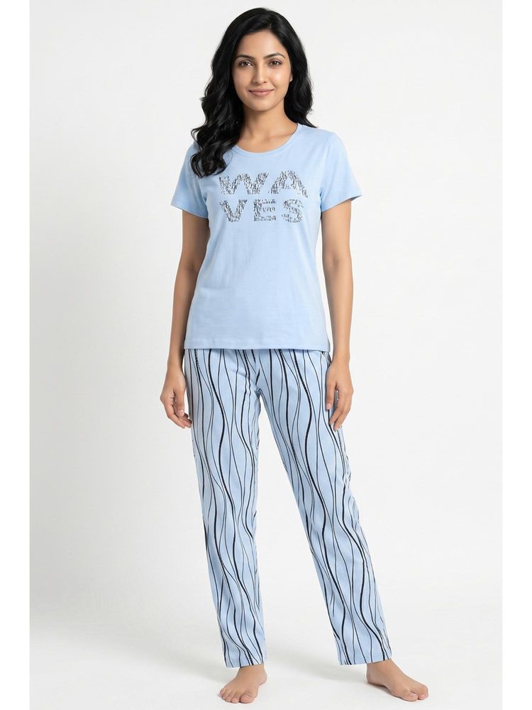 Zivame Wavy Stripes Knit Cotton T-shirt with Pyjama - Ice Water-picture-25