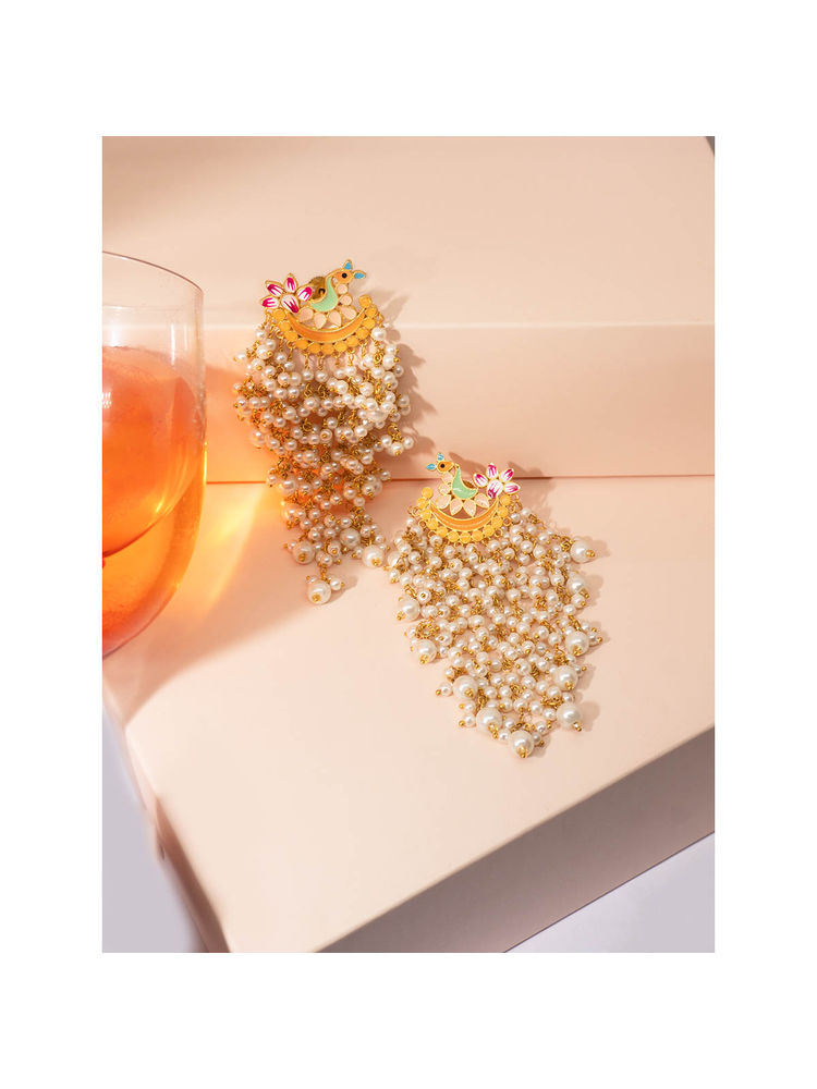 Niscka Multicolour Peacock Style Long Pearl Earrings-image-30