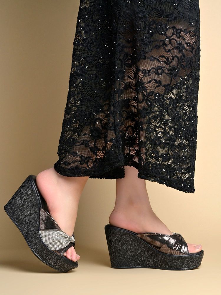 HVNLY by Shoetopia Glamour Glimmer Bow Wedge Heels - Midnight Black