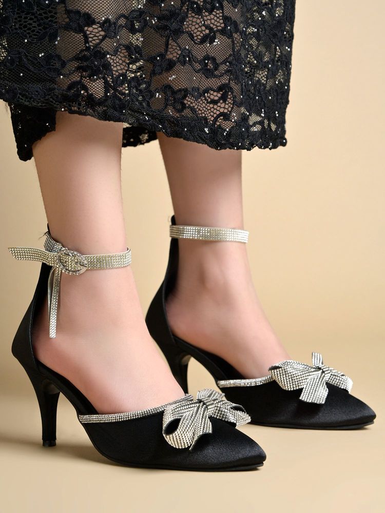 HVNLY by Shoetopia Milky Way Crystal-Bow Black Stiletto Heels