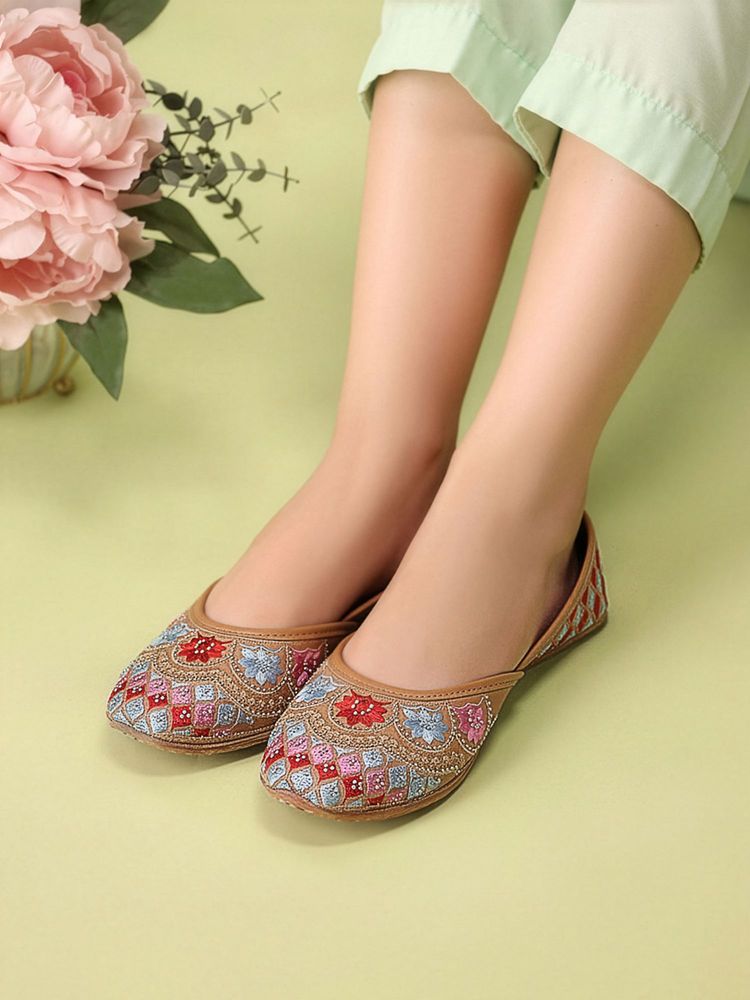Iconics Women Brown Artisanal Embroidered Juttis with Shimmering Crystal Accents-image-26