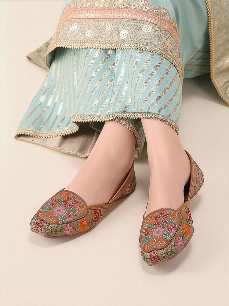 Iconics Women Brown Embroidery Juttis-image-11