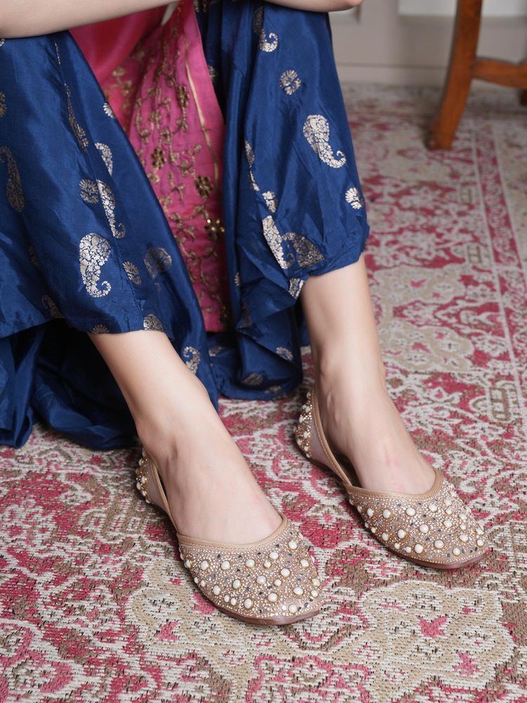 Dollphin Women Beige Mojaris Comfortable Beaded and Fancy Punjabi Juttis