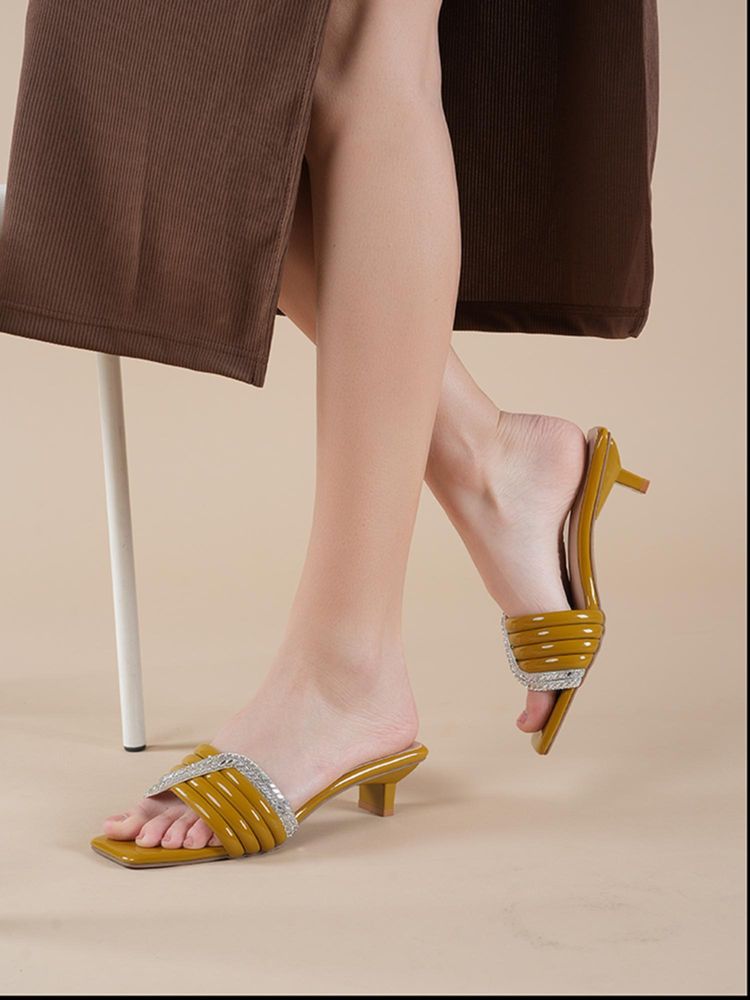 MOZAFIA Women Yellow Embellished Party Block Heels-image-42