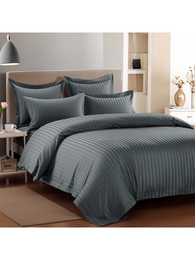 Story@Home 300 Tc Dark Grey Stripes Microfiber Double Size Bedsheet With 2 Pillow Covers-picture-23