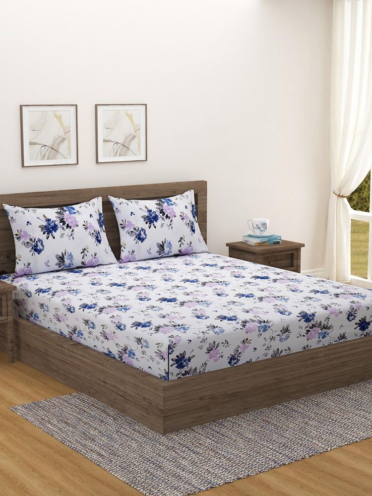 Swayam Ivory Floral Cotton Bedsheet With Teal & Lavender Print 2 Pillow Cover-image-20