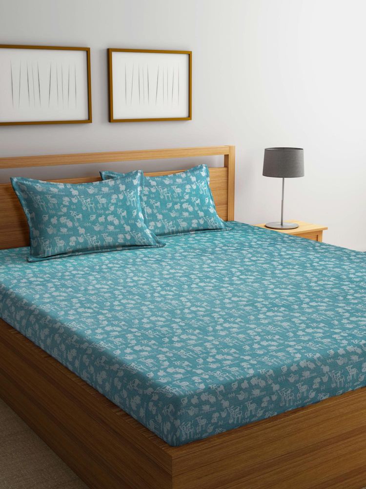 FABINALIV Turquoise Cartoon Design 100% Cotton Handwoven King Bedsheet With 2 Pillow Covers-image-31