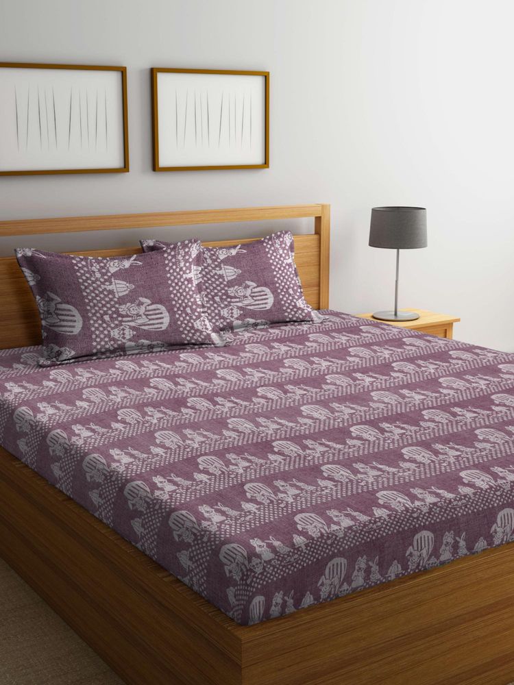 FABINALIV Purple Cartoon Design 100% Cotton Handwoven King Size Double Bedsheet With 2 Pillow Covers-image-11