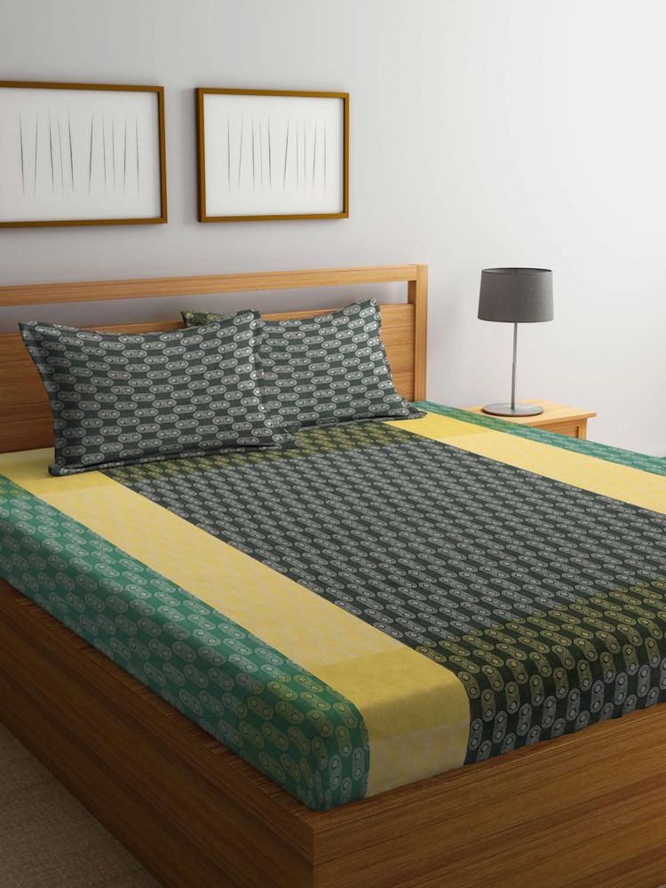 FABINALIV Multicolor Geometric 100% Cotton Handwoven King Size Double Bedsheet With 2 Pillow Covers-image-27