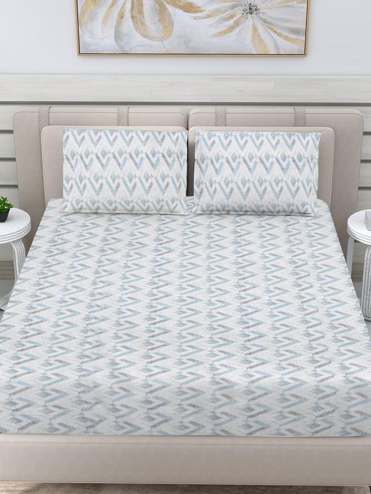 FABINALIV Blue Geometric 300 Tc 100% Cotton King Size Double Bedsheet With 2 Pillow Covers-image-26