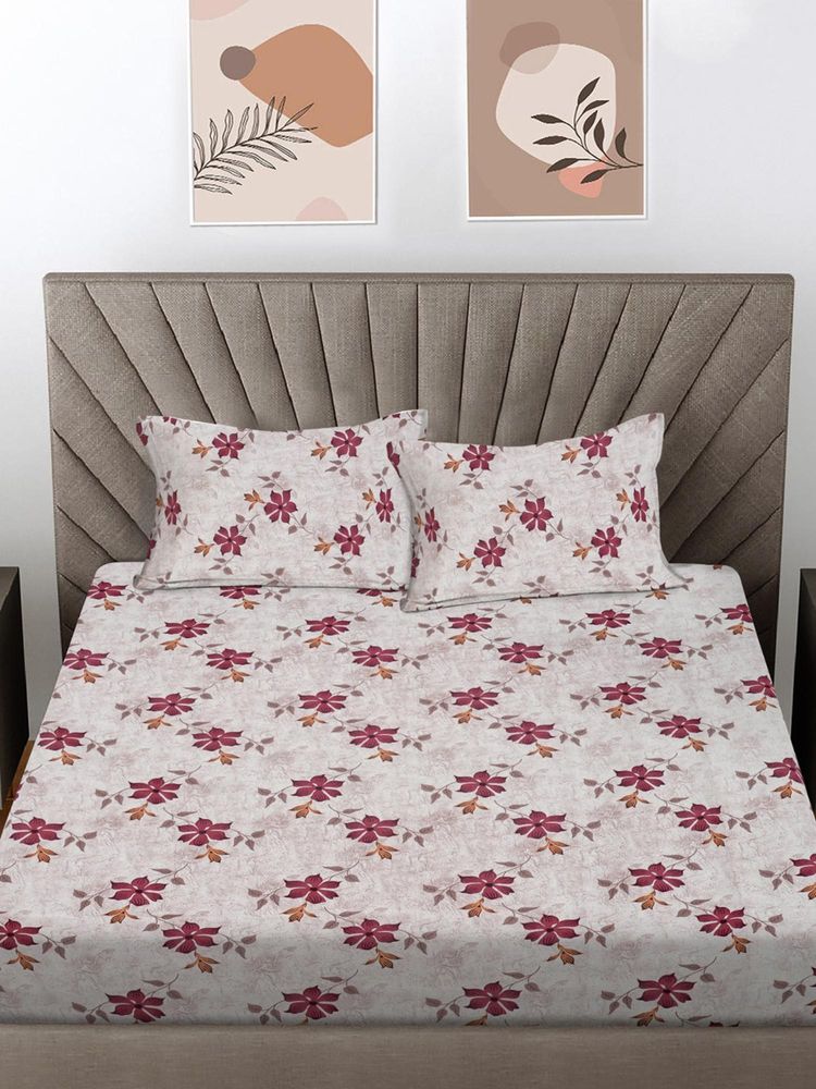 FABINALIV Maroon Floral 300 Tc 100% Cotton King Size Double Bedsheet With 2 Pillow Covers-image-23