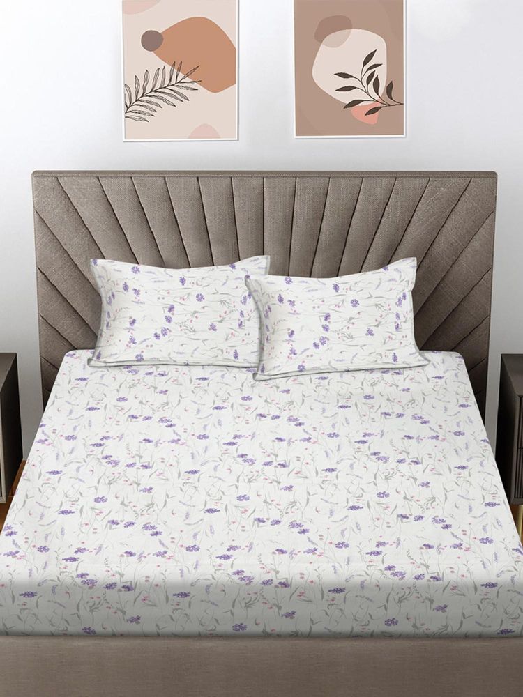 FABINALIV Purple Floral 300 Tc 100% Cotton King Size Double Bedsheet With 2 Pillow Covers-image-14