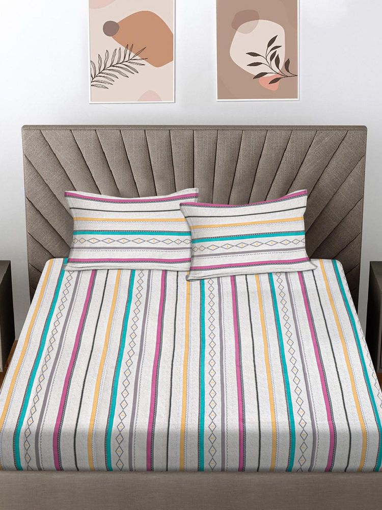 FABINALIV Multicolor Striped 100% Cotton King Size Double Bedsheet With 2 Pillow Covers-picture-26