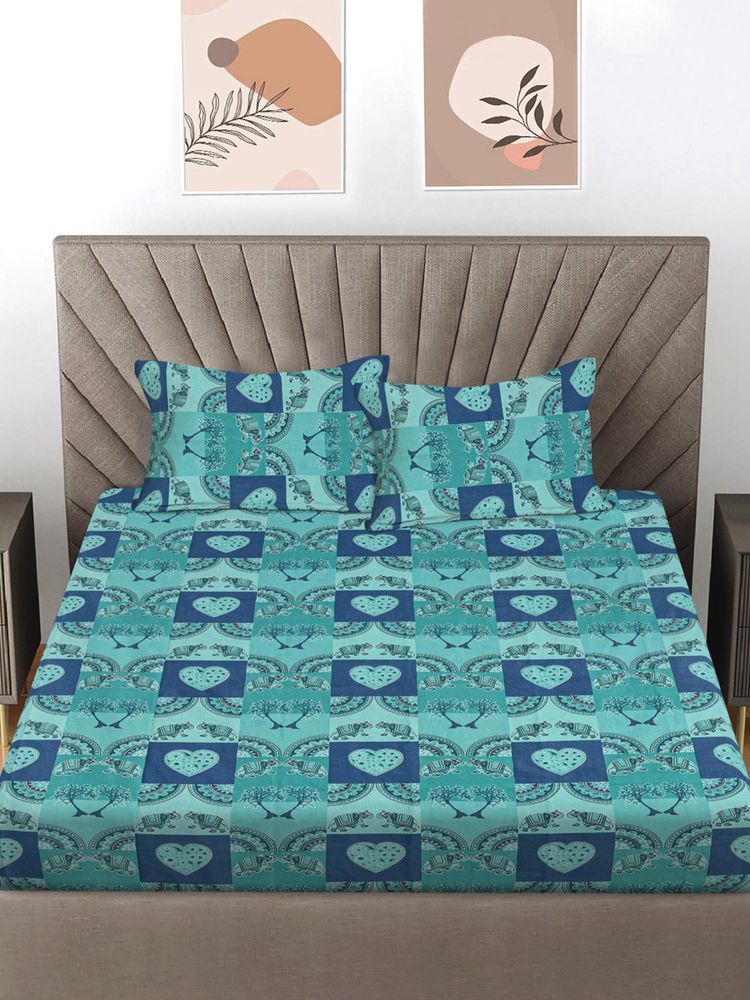 FABINALIV Turquoise Ethnic 300 Tc 100% Cotton King Size Double Bedsheet With 2 Pillow Covers-image-48