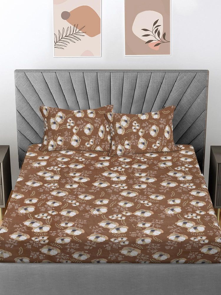 FABINALIV Brown Floral 300 Tc 100% Cotton King Size Double Bedsheet With 2 Pillow Covers-image-28