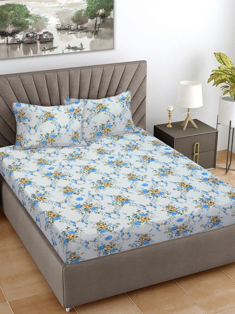 FABINALIV Blue Floral 100% Cotton Super King Size Double Bedsheet With 2 Pillow Covers-picture-19