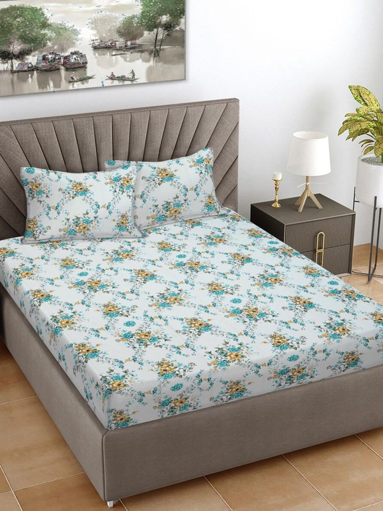 FABINALIV Turquoise Floral 100% Cotton Super King Size Double Bedsheet With 2 Pillow Covers-picture-20