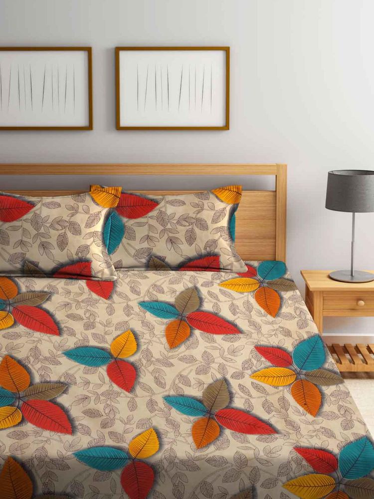 FABINALIV Multicolor Floral Cotton Blend King Size Fitted Double Bedsheet With 2 Pillow Covers-picture-21