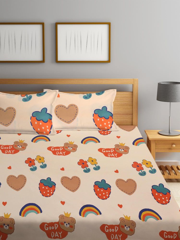 FABINALIV Multicolor CartoonCotton Blend King Size Fitted Double Bedsheet With 2 Pillow Covers-picture-27