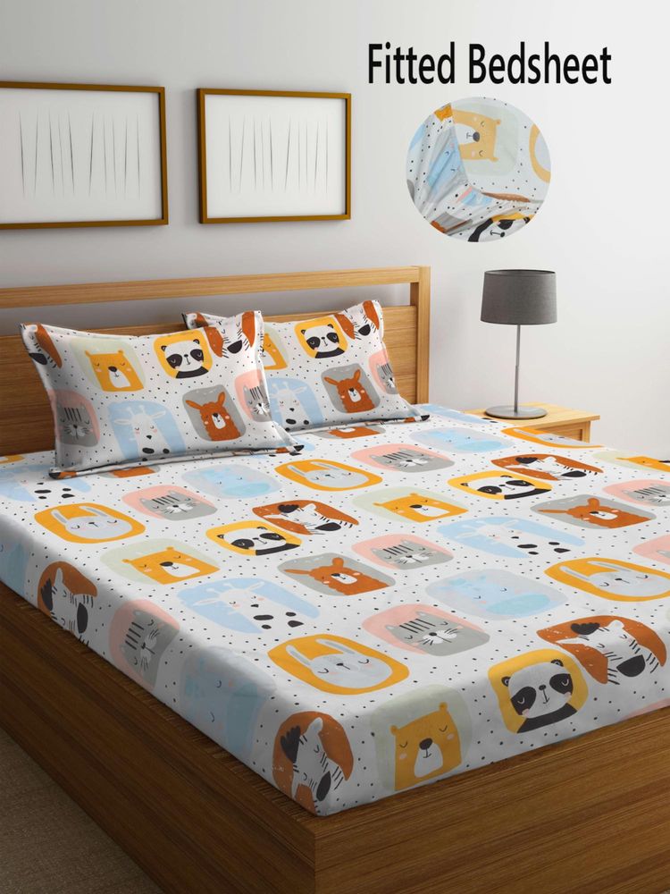 FABINALIV Multicolor CartoonCotton Blend King Size Fitted Double Bedsheet With 2 Pillow Covers-image-4