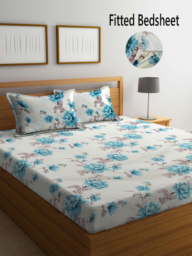 FABINALIV Multicolor Floral Cotton Blend King Size Fitted Double Bedsheet With 2 Pillow Covers-picture-11