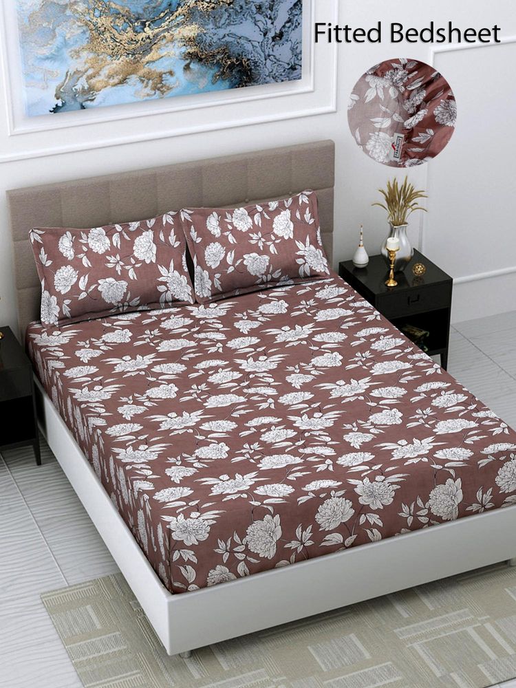 FABINALIV Brown Floral Cotton Blend King Size Fitted Double Bedsheet With 2 Pillow Covers-image-35