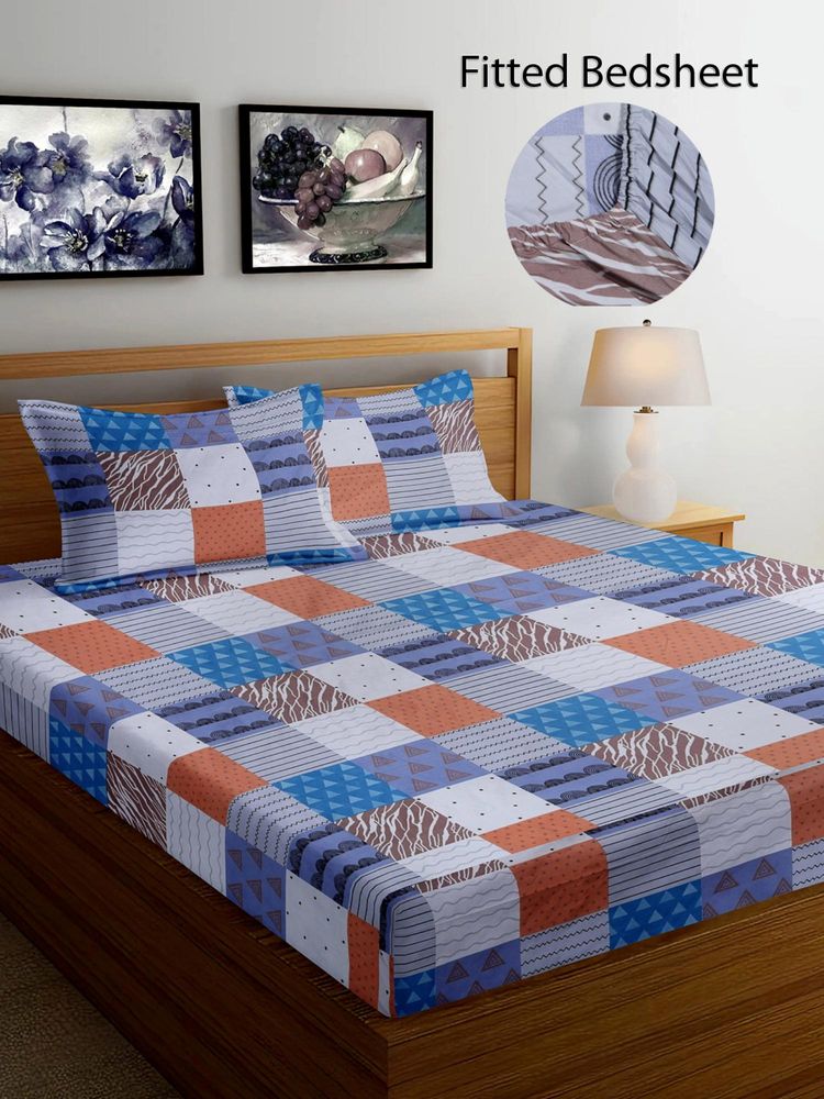 FABINALIV Multicolor Geometric Cotton Blend King Size Fitted Double Bedsheet With 2 Pillow Covers-picture-14