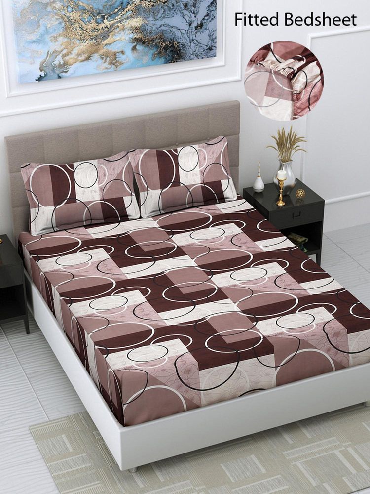 FABINALIV Multicolor Geometric Cotton Blend King Size Fitted Double Bedsheet With 2 Pillow Covers-picture-17
