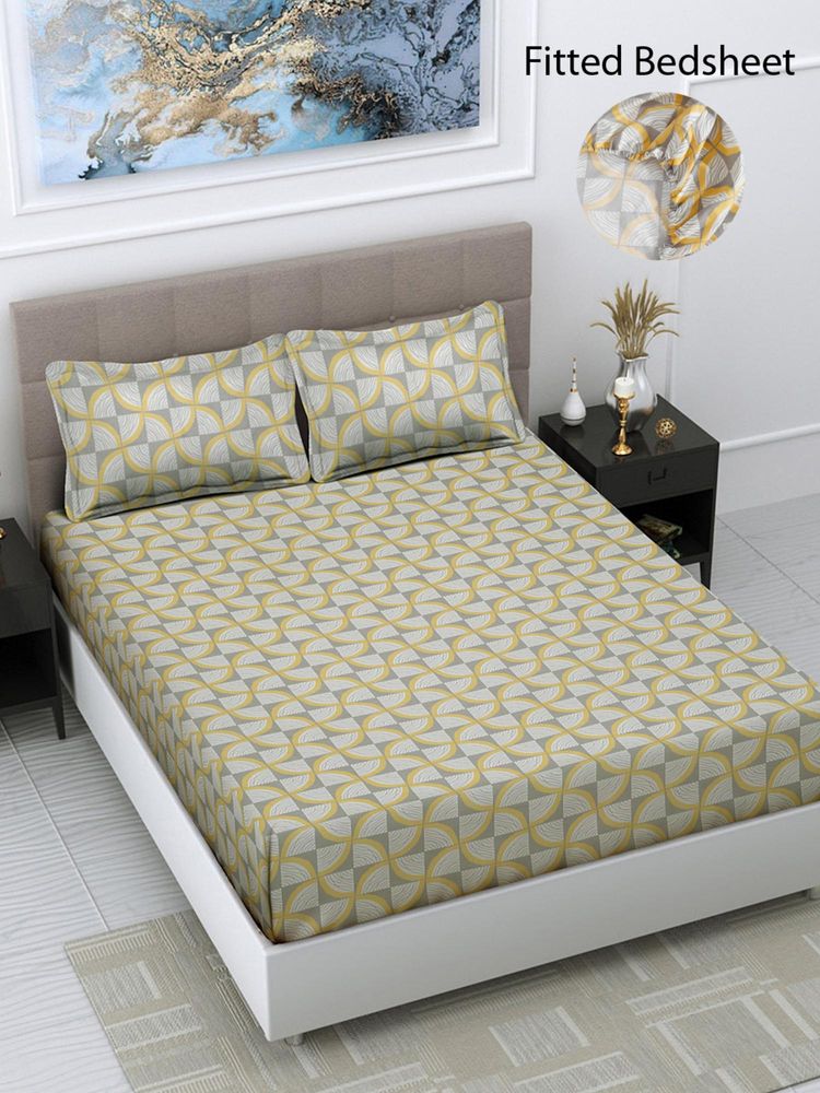 FABINALIV Multicolor Geometric Cotton Blend King Size Fitted Double Bedsheet With 2 Pillow Covers-image-46