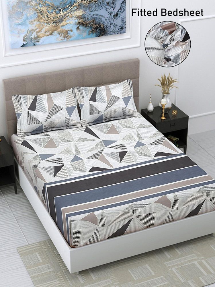 FABINALIV Multicolor Geometric Cotton Blend King Size Fitted Double Bedsheet With 2 Pillow Covers-image-13