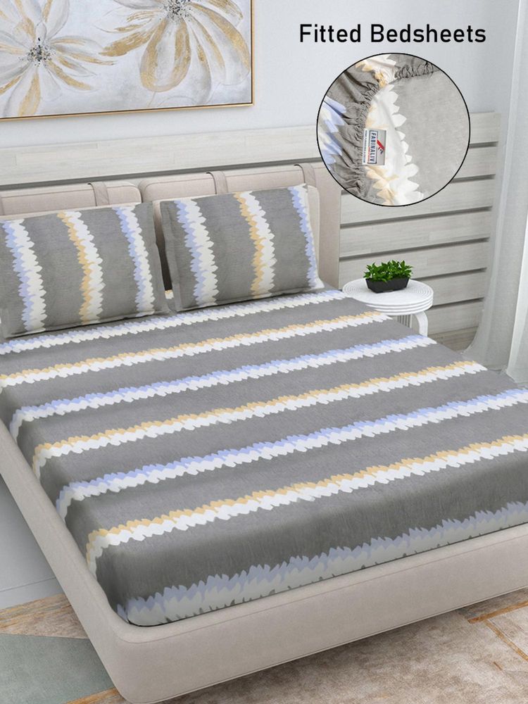 FABINALIV Multicolor Striped Cotton Blend King Size Fitted Double Bedsheet With 2 Pillow Covers-image-8